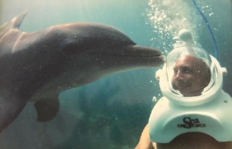 A bottlenose dolphin greets Dr. Dan, who is wearing a scuba mask